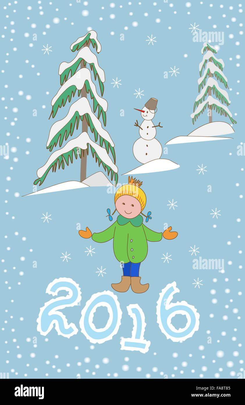 Christmas greeting card template, vector with child and snowman 2016 Stock Vector