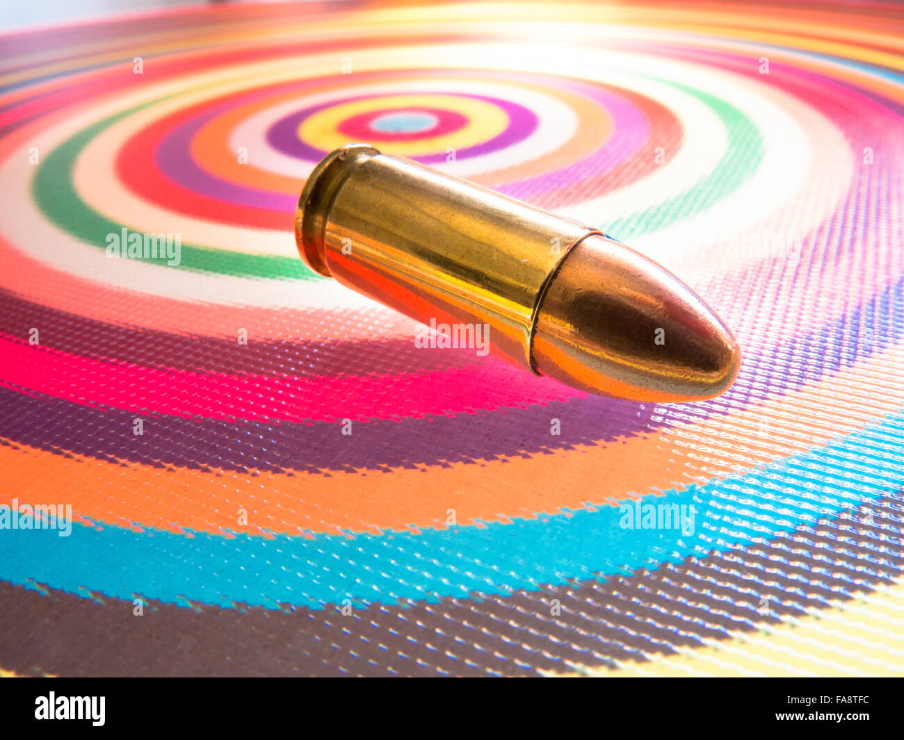 Close Up , 9mm Luger CBC Pistol Ammunition On Brightly Lit Target, USA Stock Photo
