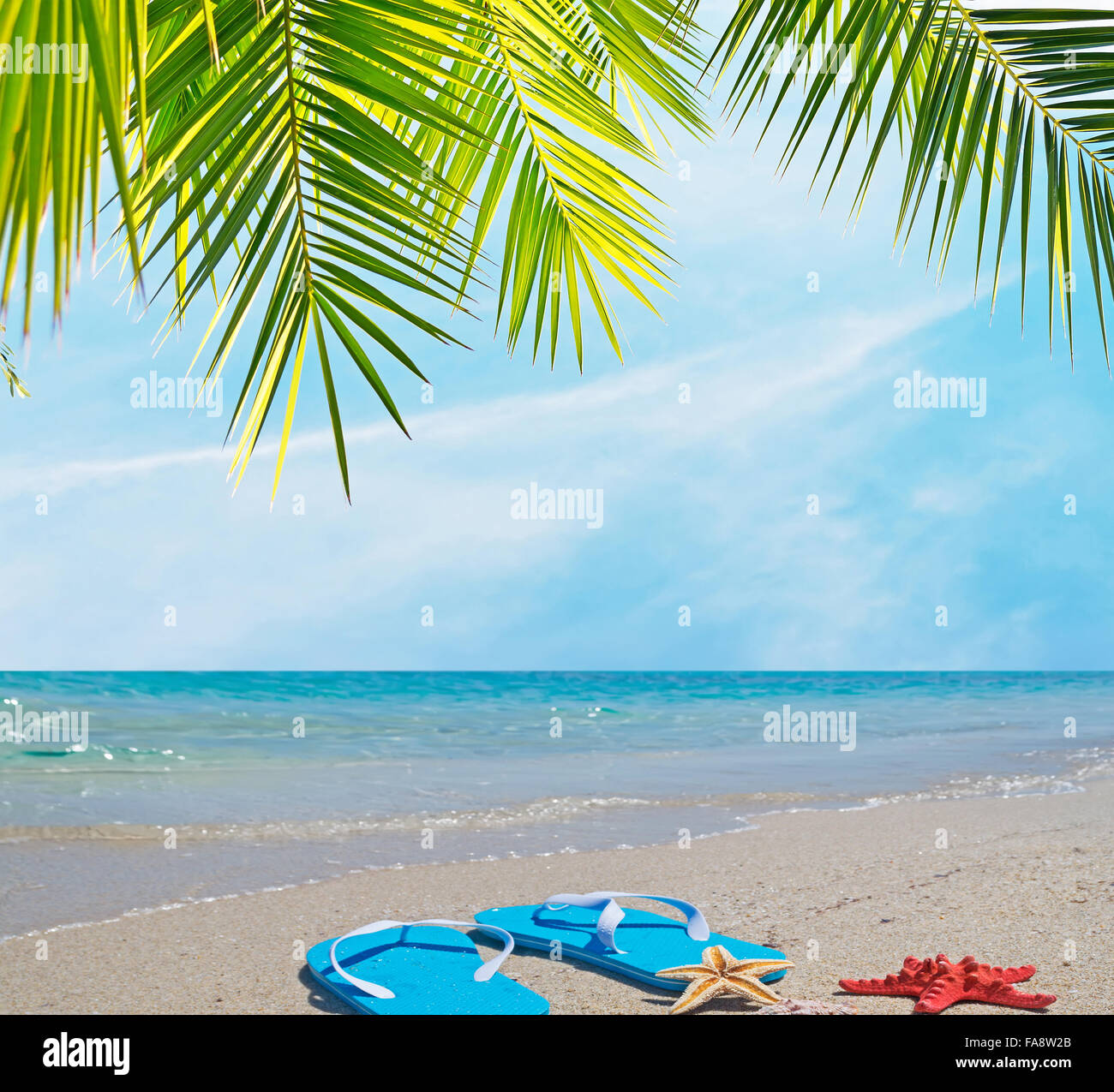 flip flops on the sand in a tropical beach Stock Photo