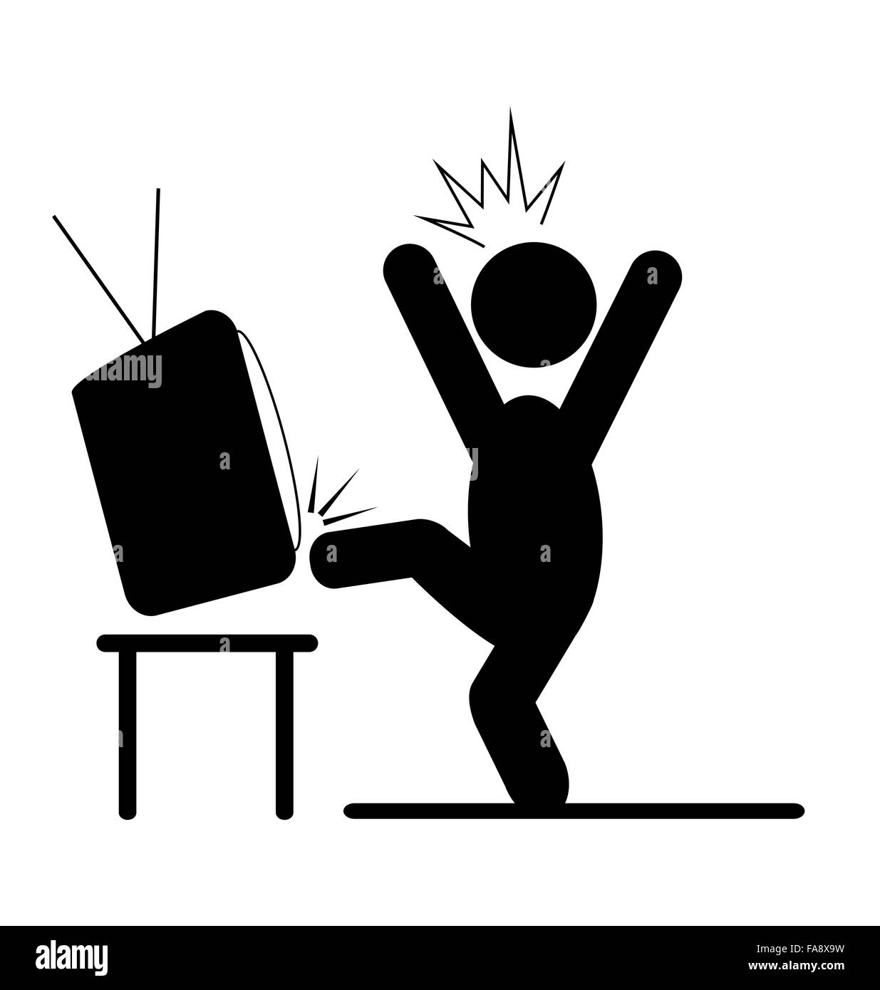 Angry man kicking TV pictogram flat icon isolated on white Stock Vector