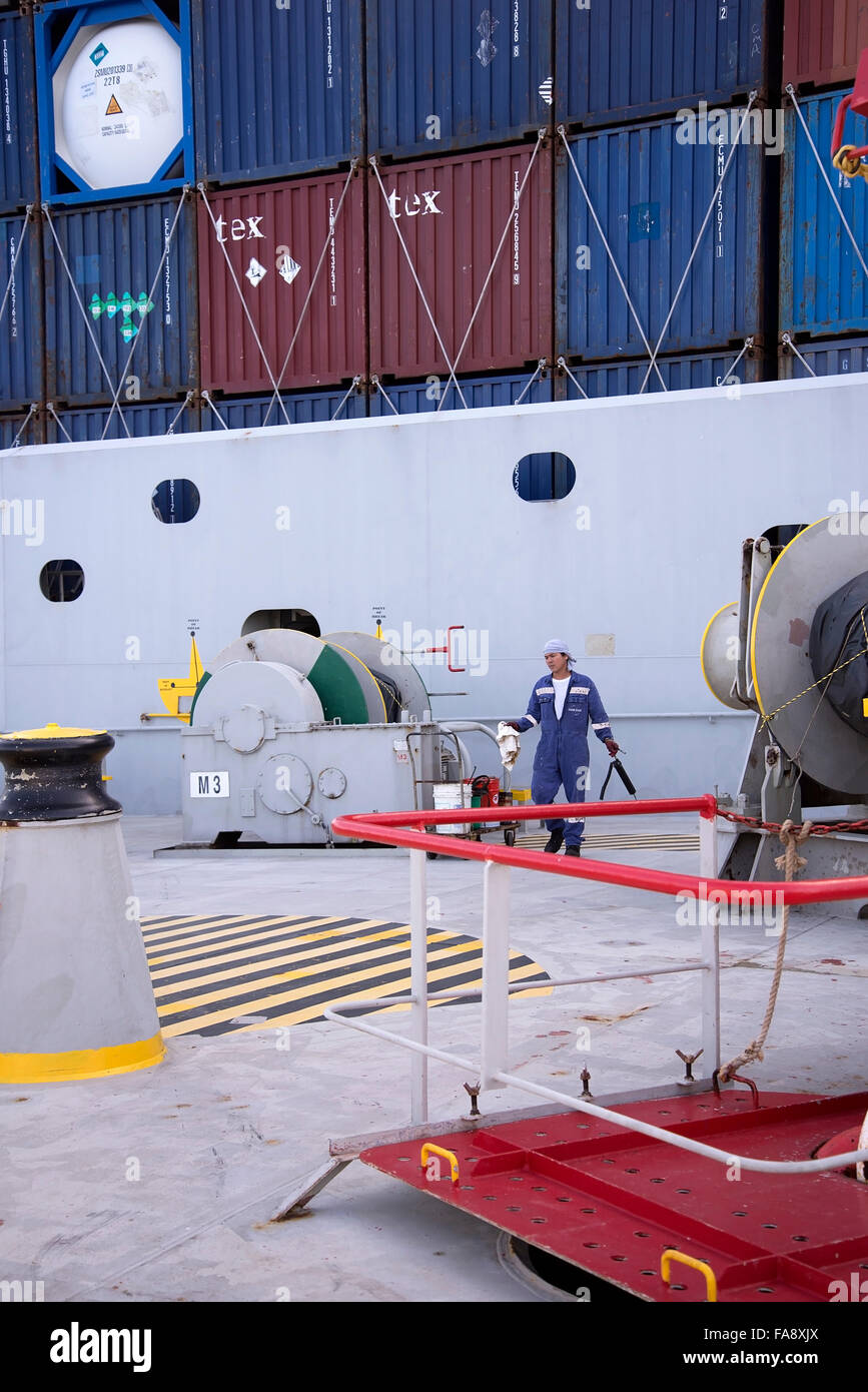 Crew member maintains the machines on the fok'sel (bow) part of CC Corte Real container ship. Stock Photo