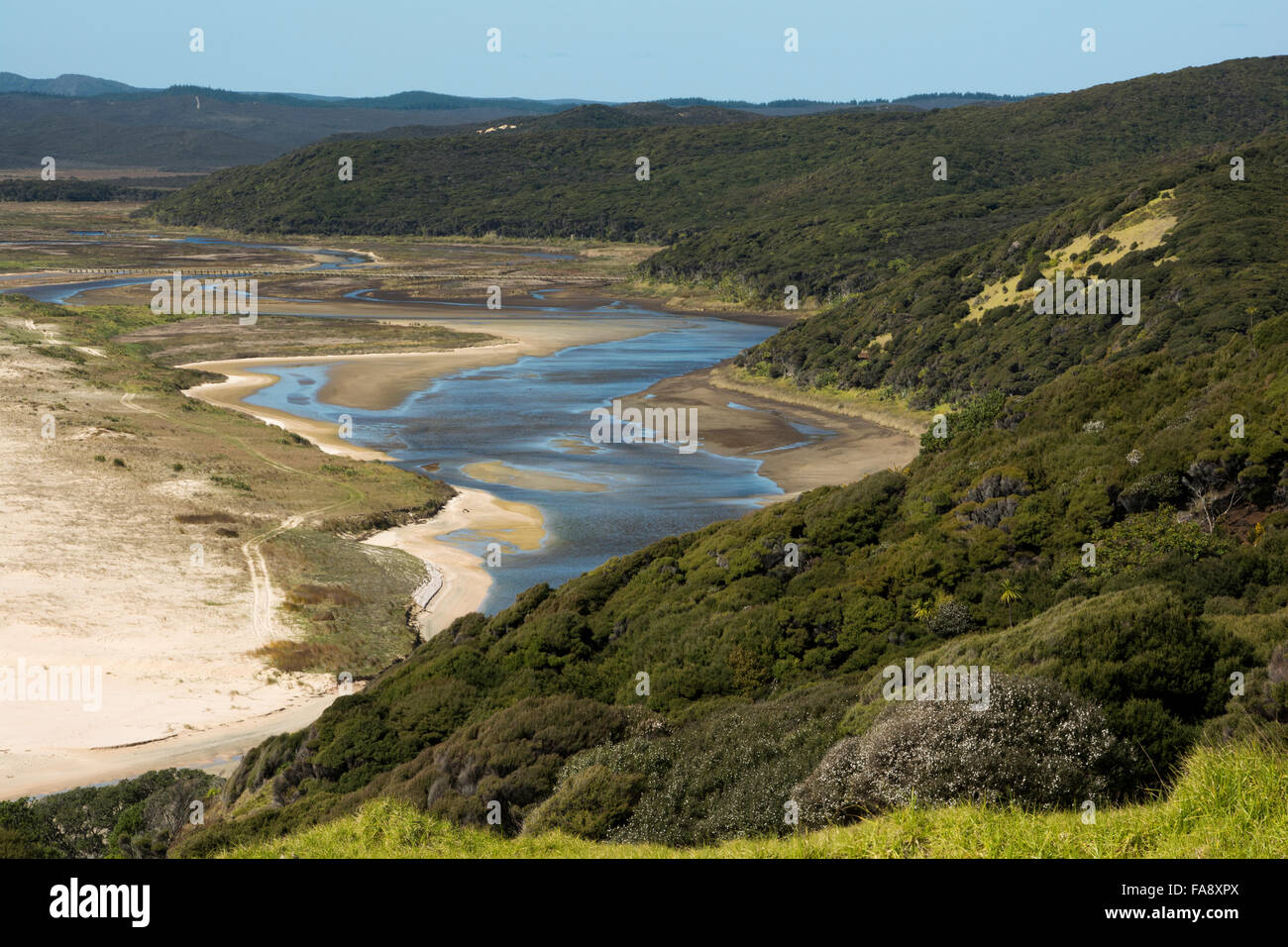 Waitahora Lagoon is just behind the ttwelve kilometer wide Spitirs Bay in the far north of New Zealand. Stock Photo