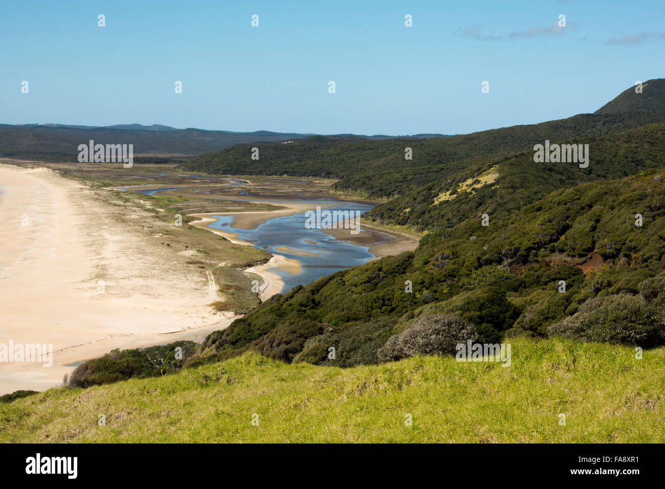 Waitahora Lagoon is just behind the ttwelve kilometer wide Spitirs Bay in the far north of New Zealand. Stock Photo