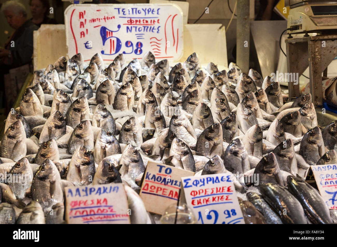 Fresh fish sold at Athens Central Market, public market halls, also