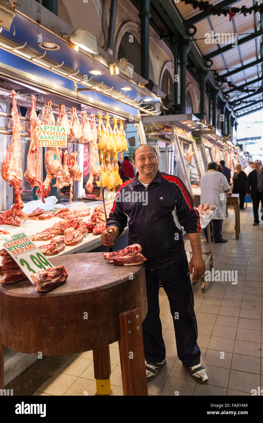 Butcher at Athens Central Market, also Varvakios Agora or Dimotiki ...