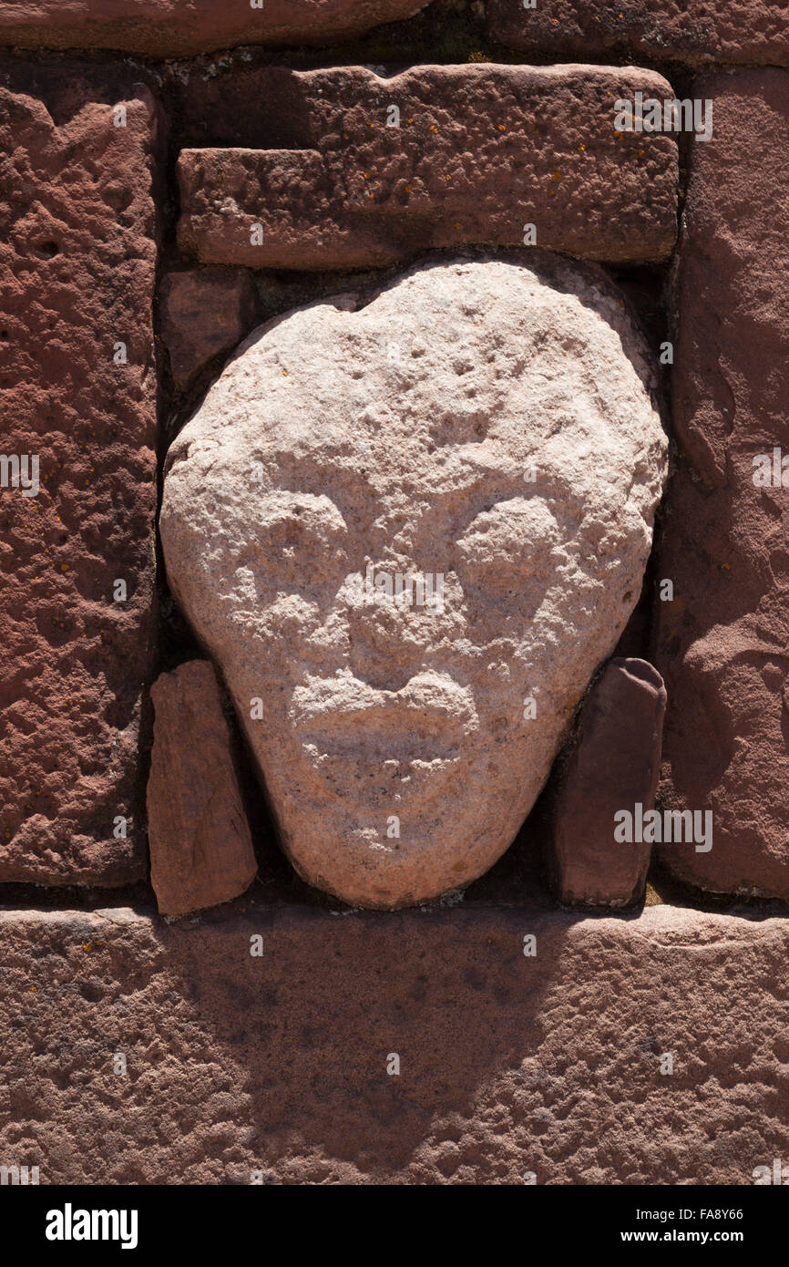 Stone face at the archaeological site of Tiahuanaco or Tiwanaku, Bolivian Altiplano, Bolivia, South America Stock Photo