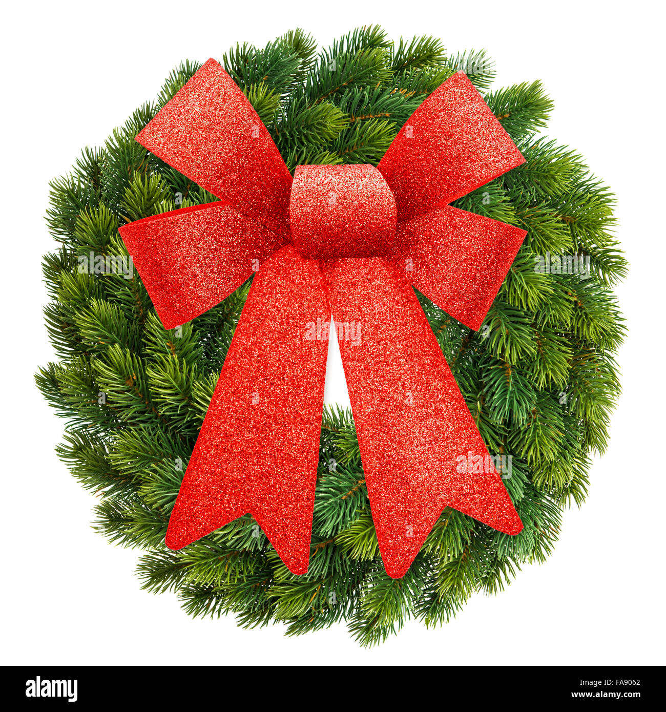 Christmas wreath with red ribbon bow isolated on white background Stock ...