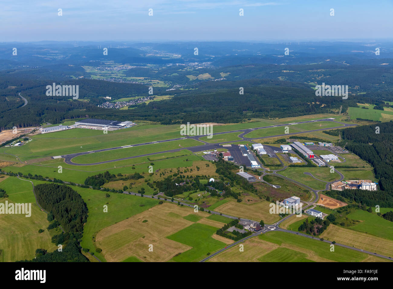 Runway, runway, terminal buildings, terminal, taxiways, Siegerlandflughafen, airfield Siegerland, general aviation, Burbach, Stock Photo