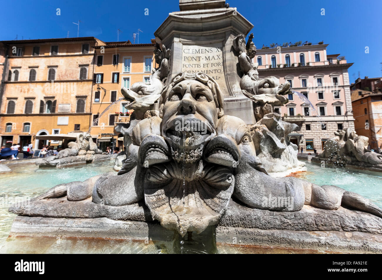 A detail of the fountain in the Piazza Della Rotonda in front of the Pantheon Stock Photo