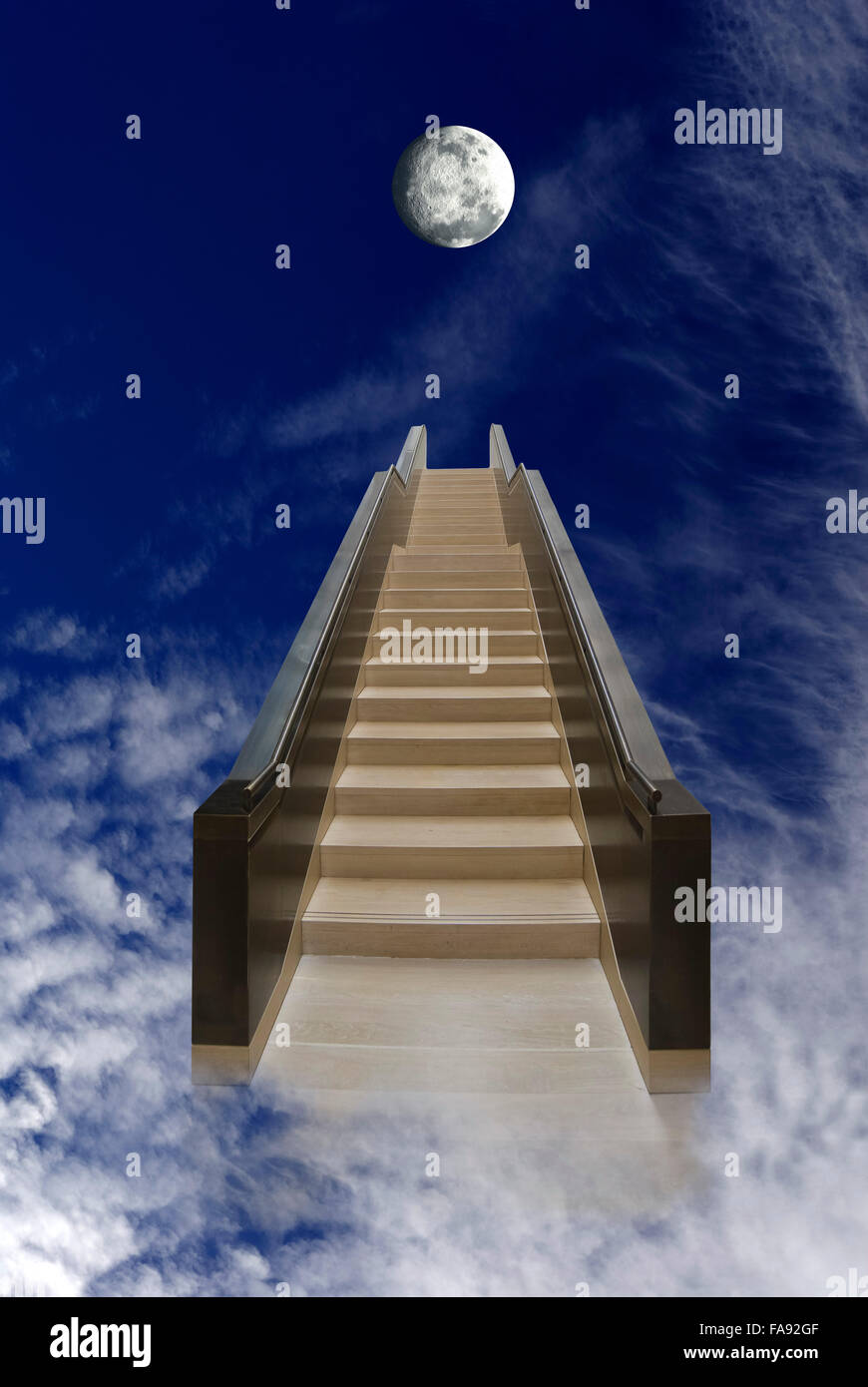 Long staircase leading up into the dark blue sky with moon and clouds, concept, symbolic image, dream of success, Composing Stock Photo