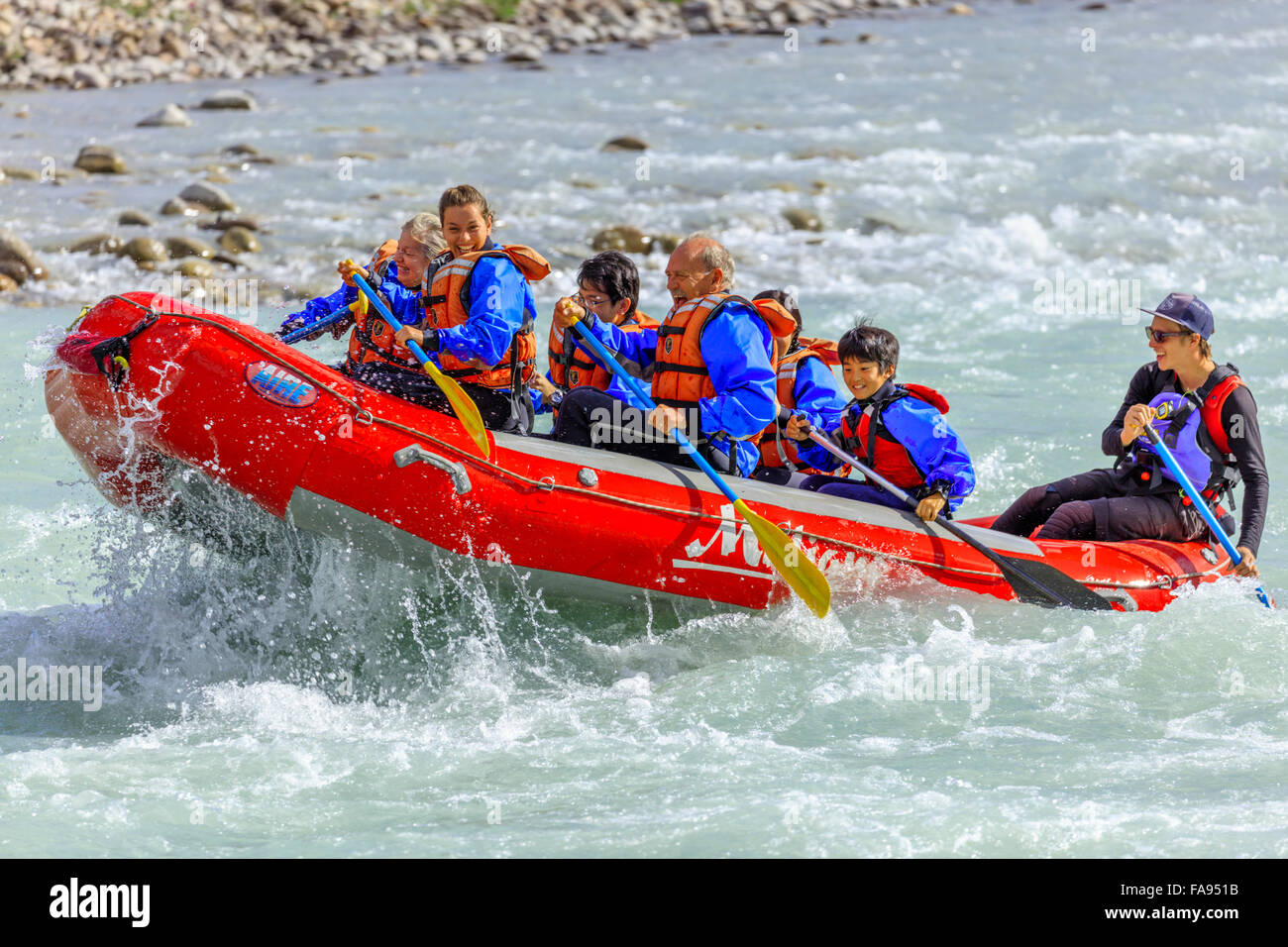 River rafting on the Athabasca river in Jasper National Park Stock Photo
