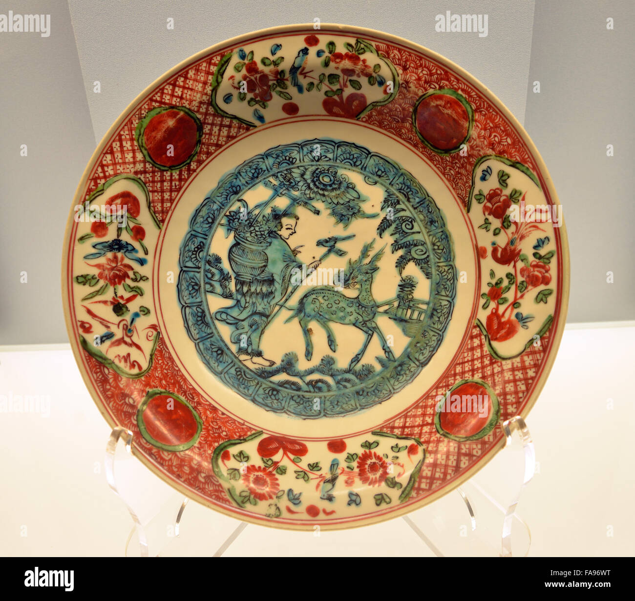 Polychrome Dish with an Immortal. Zhangzhou Ware. Shanghai Museum. Stock Photo