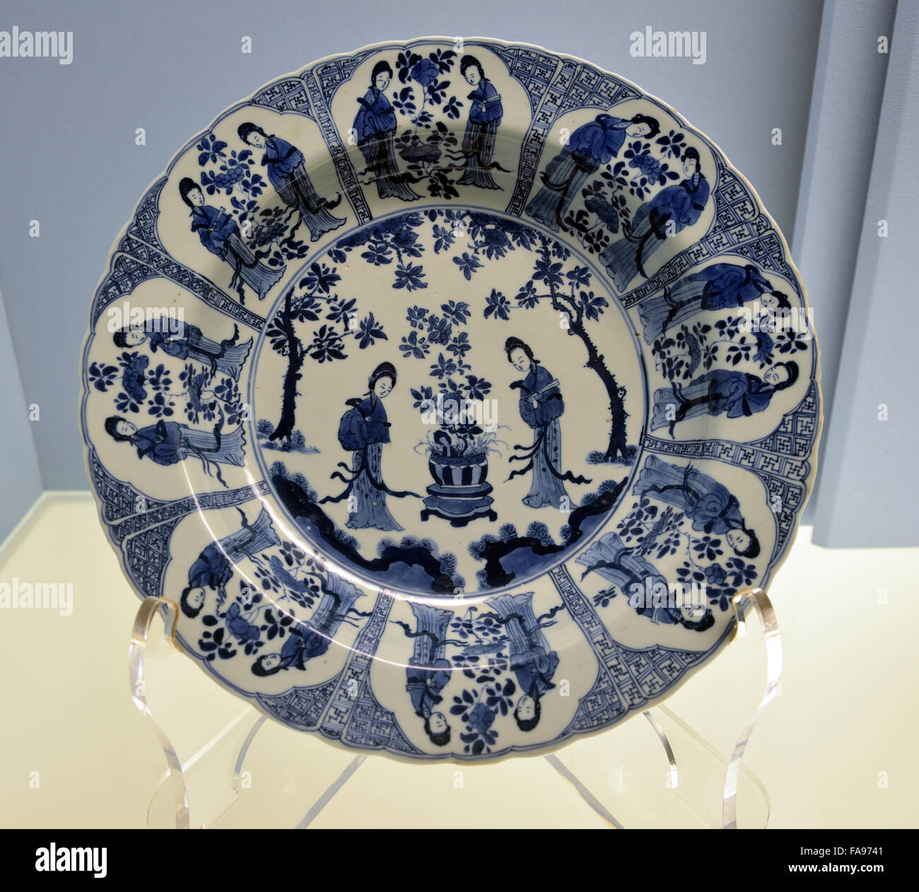 Blue-and-white Lobed Dish with Ladies. Shanghai Museum. Stock Photo