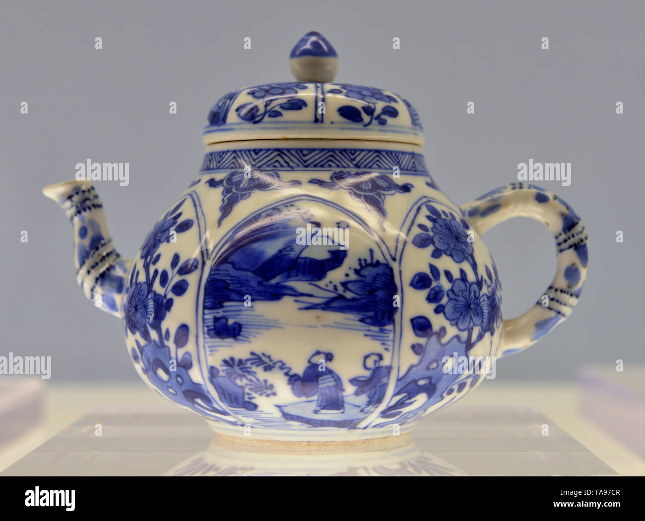 Blue-and-white Lobed Teapot with Landscapes in Panels. Shanghai Museum. Stock Photo