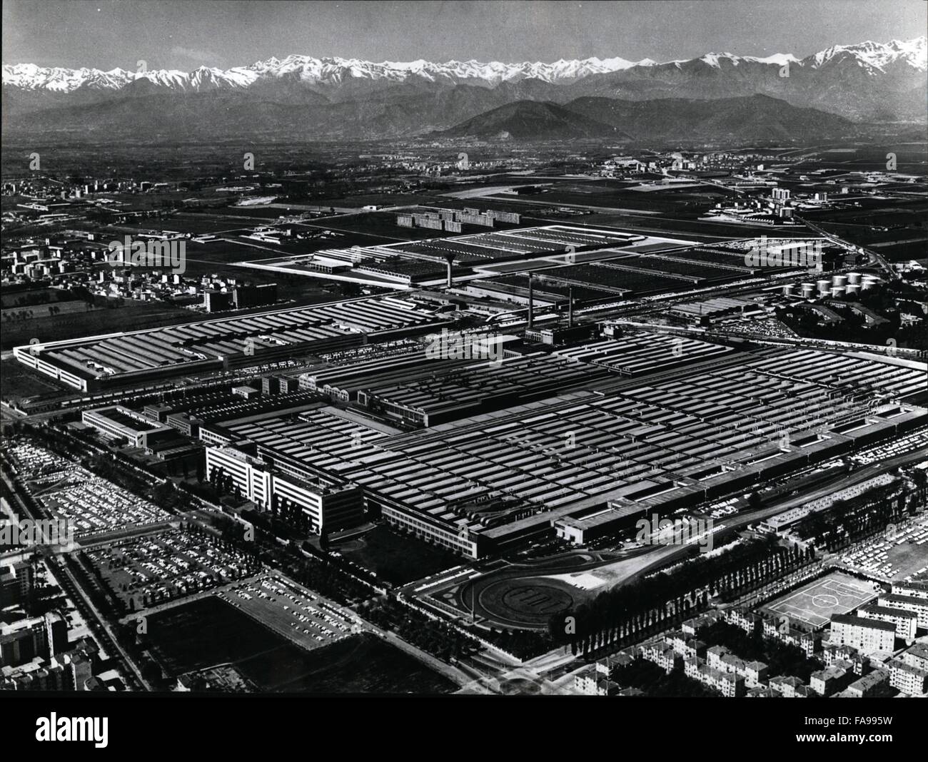 1972 - Fiat ''Mirafiori'' car complex in Turin with snow capped Alps as a backdrop. © Keystone Pictures USA/ZUMAPRESS.com/Alamy Live News Stock Photo