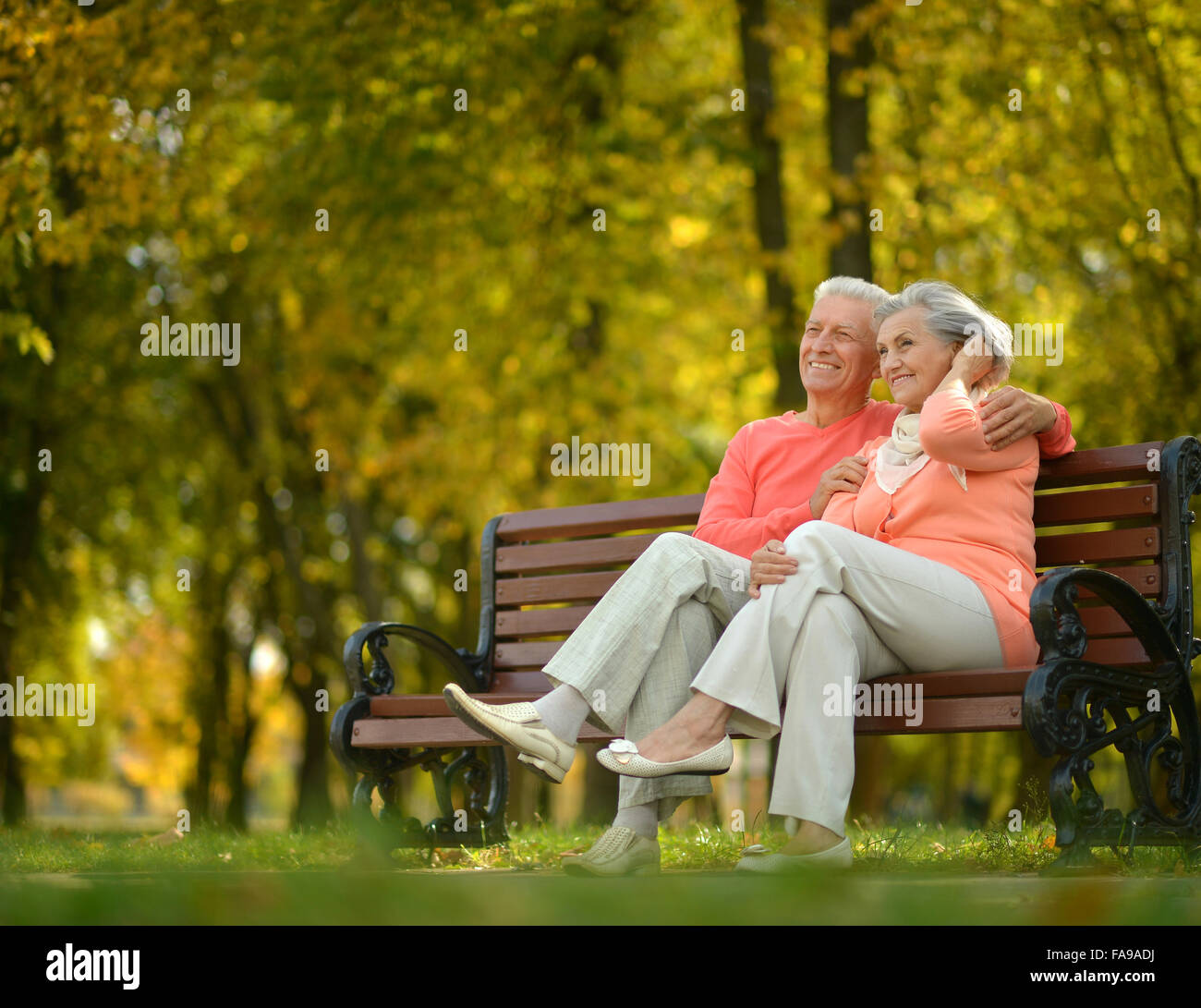 Happy elderly couple sitting on bench Stock Photo - Alamy
