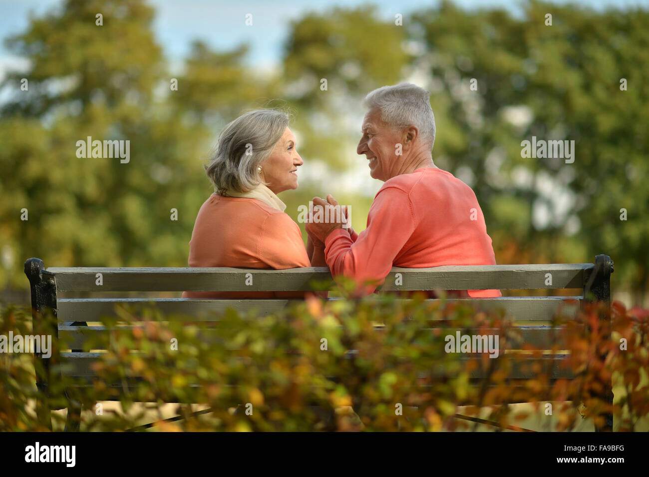 Happy elderly couple sitting on bench Stock Photo - Alamy