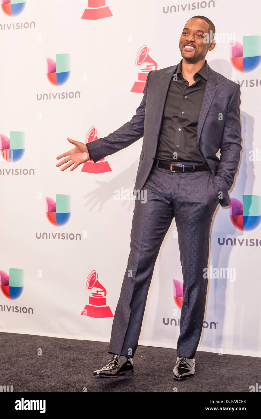 Actor Will Smith pose in the press room during the 16th Annual Latin GRAMMY Awards in Las Vegas Stock Photo
