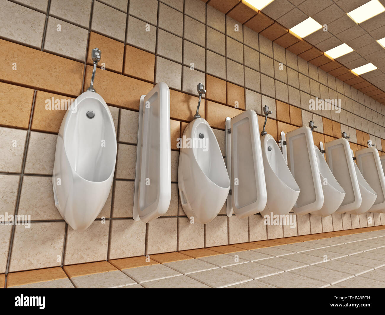 Public restroom with urinals hanging on the walls. Stock Photo