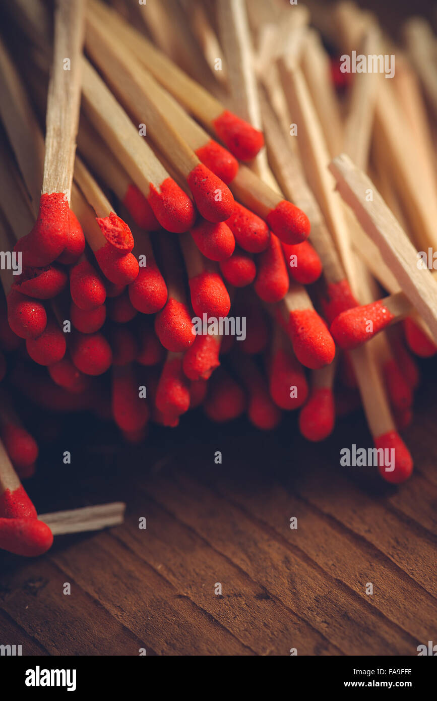 House hold safety matches pile, close up macro with selective focus Stock Photo