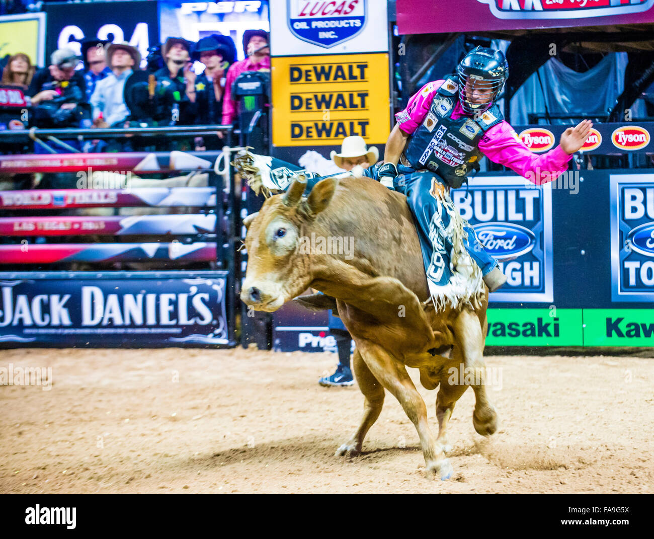 Cowboy Participating in the PBR bull riding world finals. The bull riding world championship held in Las Vegas Stock Photo
