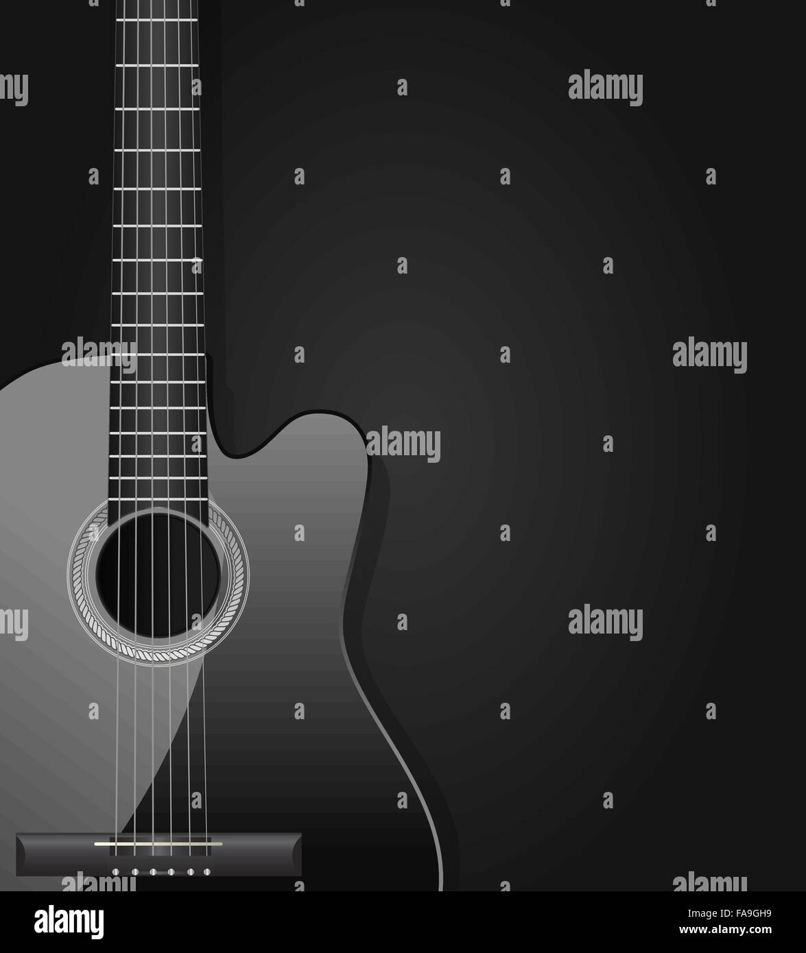 black acoustic guitar dark background Stock Vector