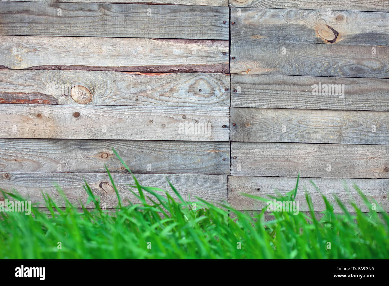 wooden fence with green grass background Stock Photo - Alamy