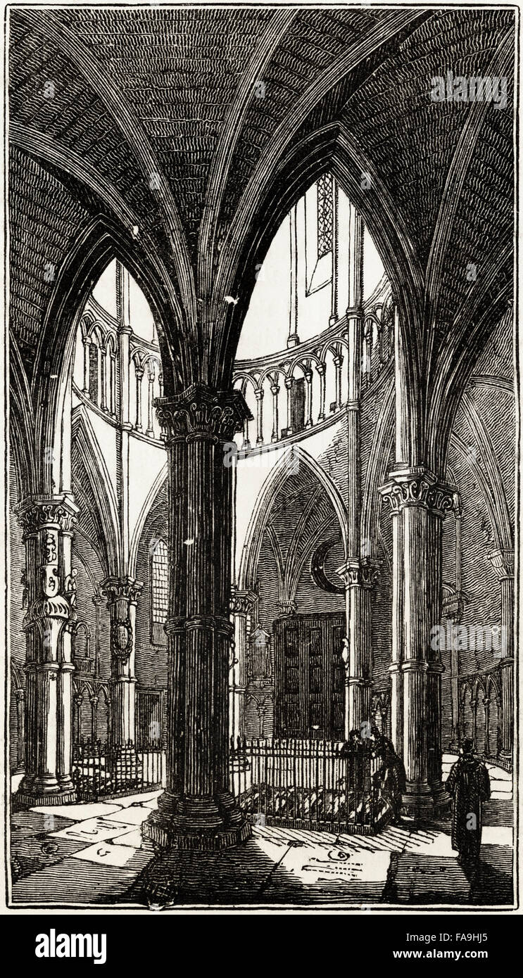 Interior of the Round, Temple Church, London consecrated in 1185. Victorian woodcut engraving circa 1845. Stock Photo