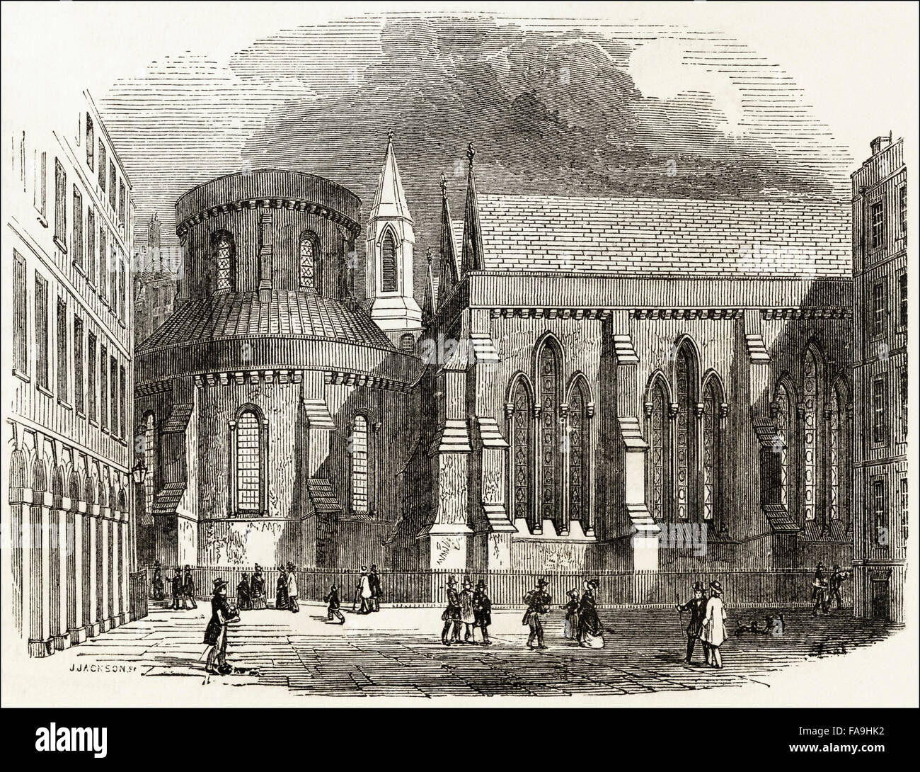 View from the South of Temple Church, London consecrated in 1185. Victorian woodcut engraving circa 1845. Stock Photo