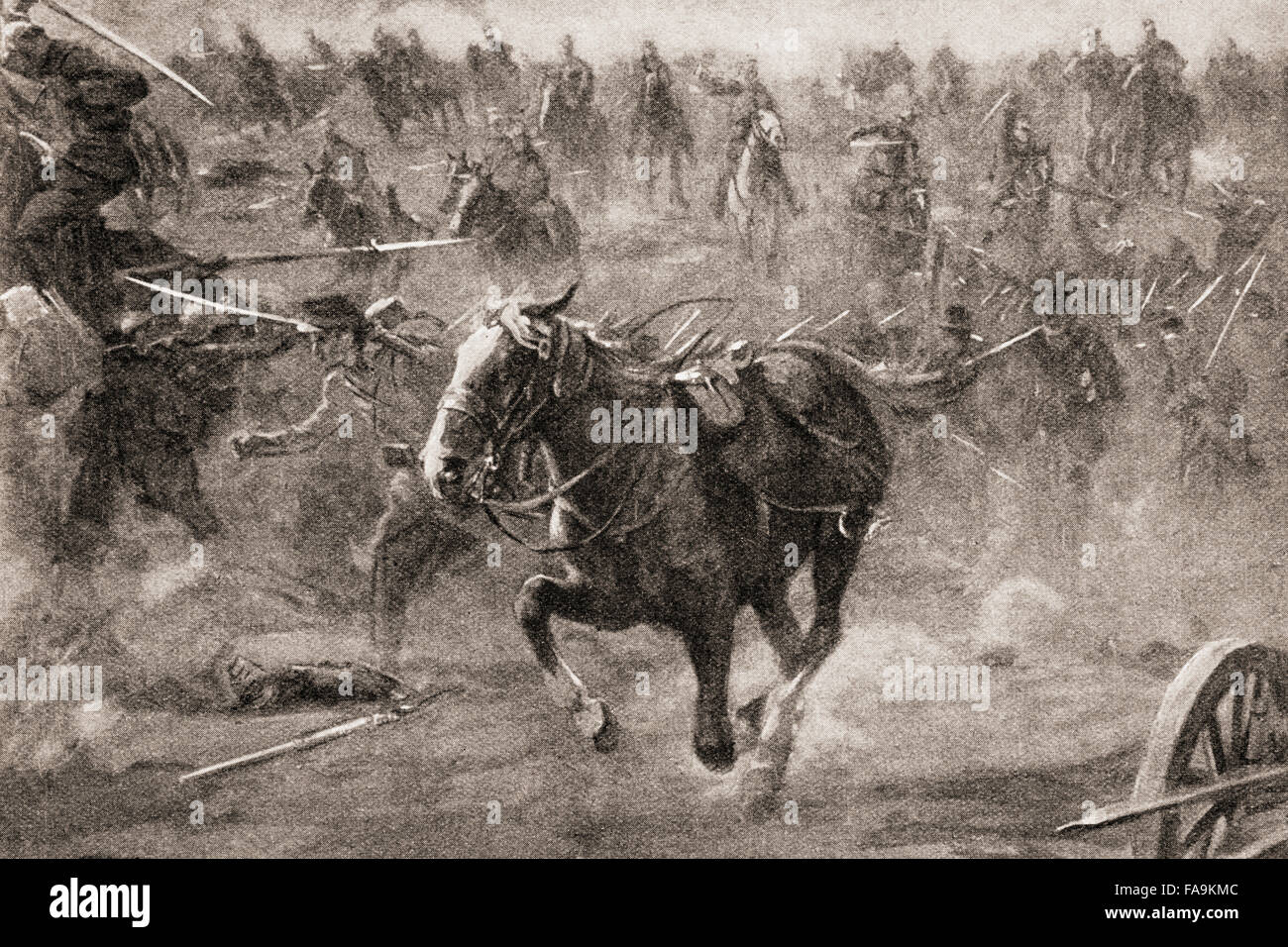 A riderless horse escapes the carnage of the battlefield during WWI. It