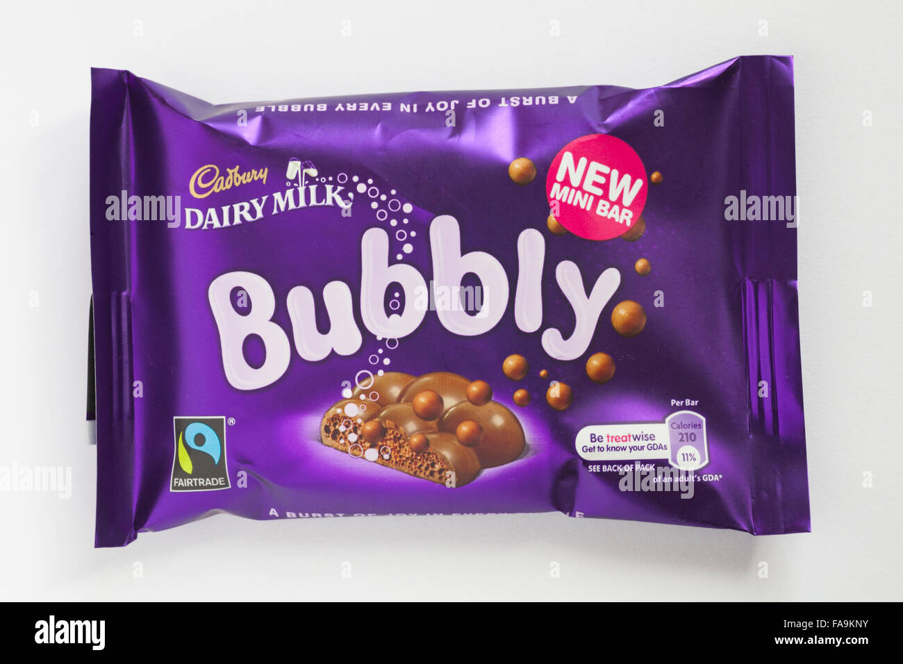 Bar of Cadbury Dairy Milk Bubbly new mini chocolate bar isolated on