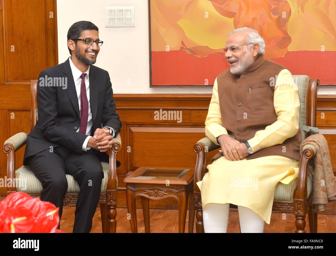 Indian Prime Minister Narendra Modi meets with the CEO of Google, Sundar Pichai December 17, 2015 in New Delhi, India. Stock Photo