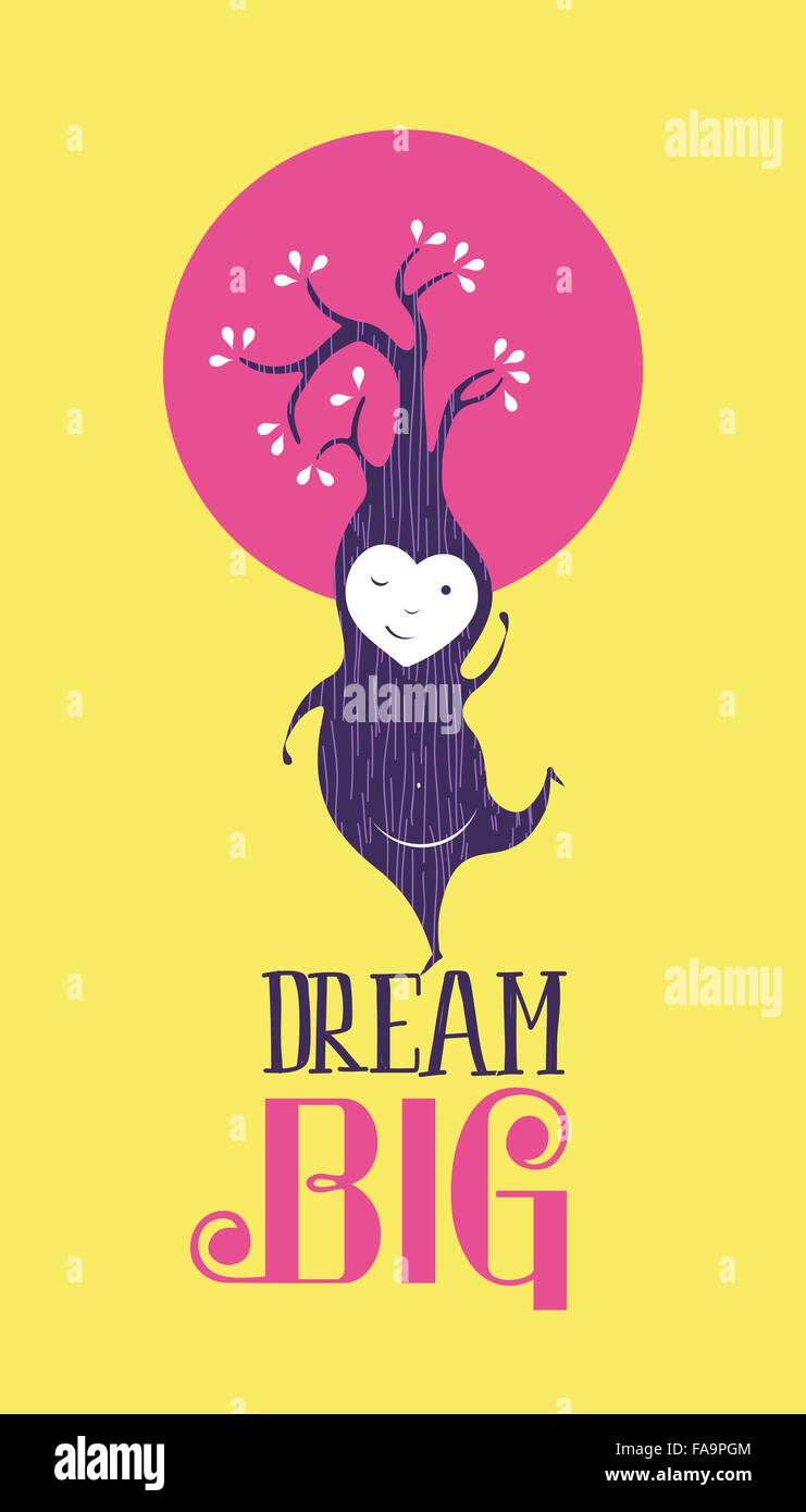 Dream big motivational quote, inspiration greeting card with cute fairy elf cartoon. EPS10 vector. Stock Vector
