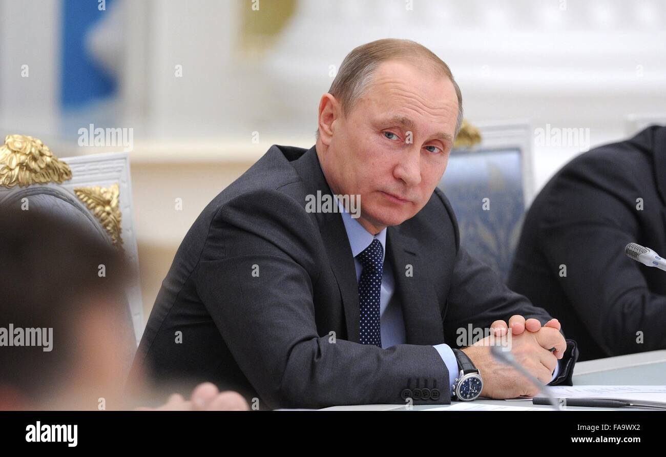 Russian President Vladimir Putin holds a joint meeting of the Presidential Council for Physical Fitness and Sports and the Russia 2018 World Cup Organizing Committee at the Kremlin December 8, 2015 in Moscow, Russia. Stock Photo