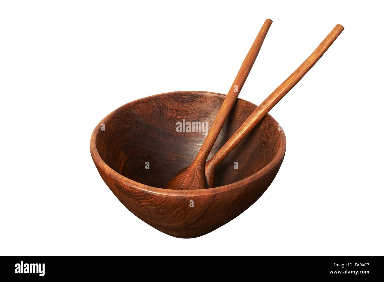 Kitchen utensils empty wooden bowl with spoon and fork isolated on