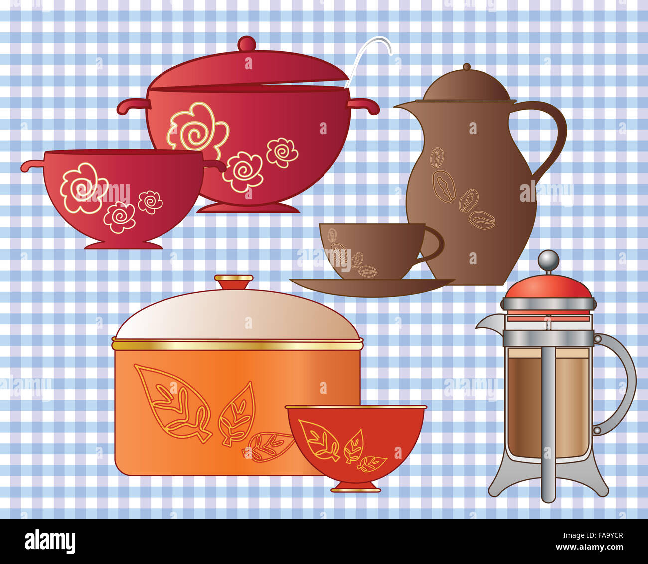 an illustration of a variety of cooking utensils and kitchen ware with