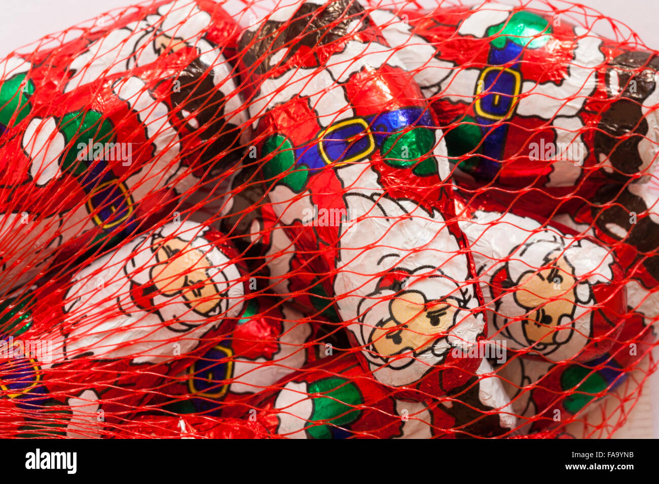 solid milk chocolate santas in netting ready for Christmas Stock Photo