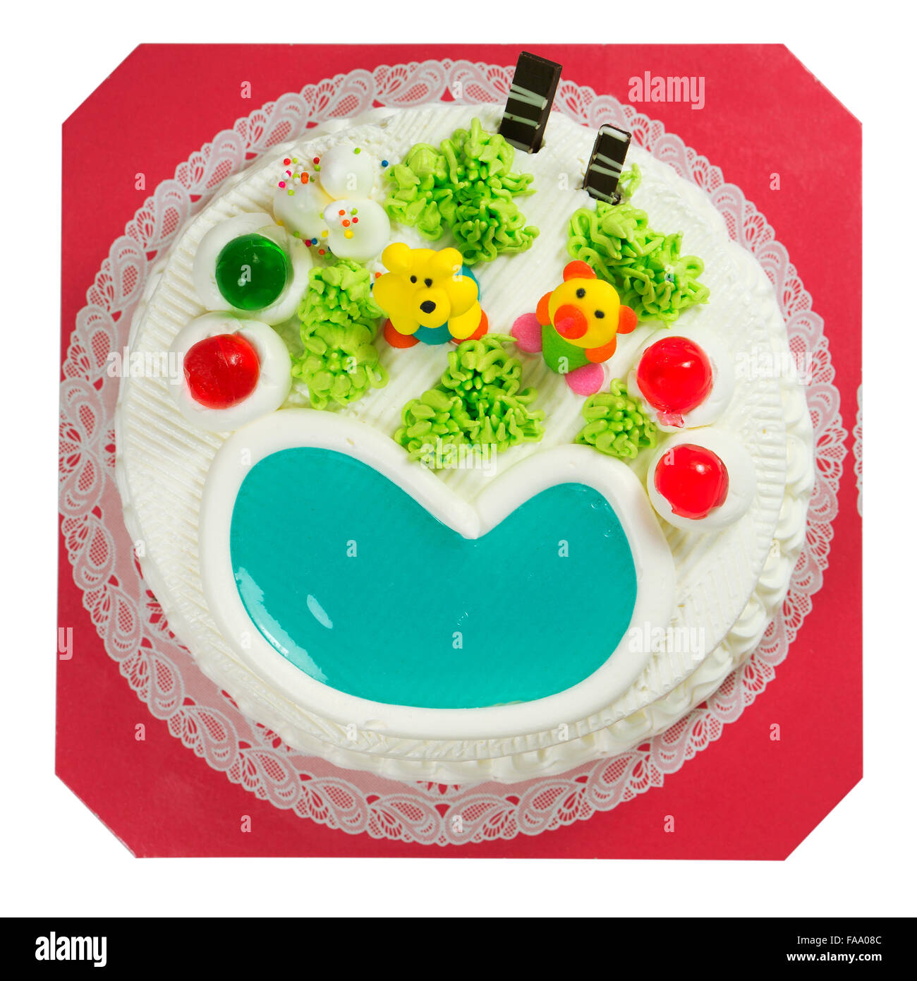 Fancy cake with sugar cartoon and jelly heart isolated on white background  Stock Photo - Alamy
