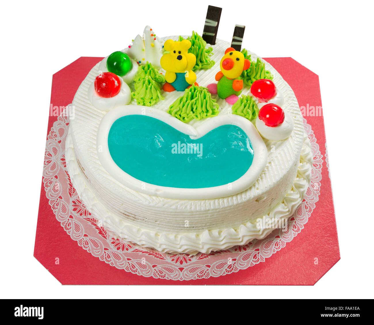 Fancy cake with sugar cartoon and jelly heart isolated on white background  Stock Photo - Alamy