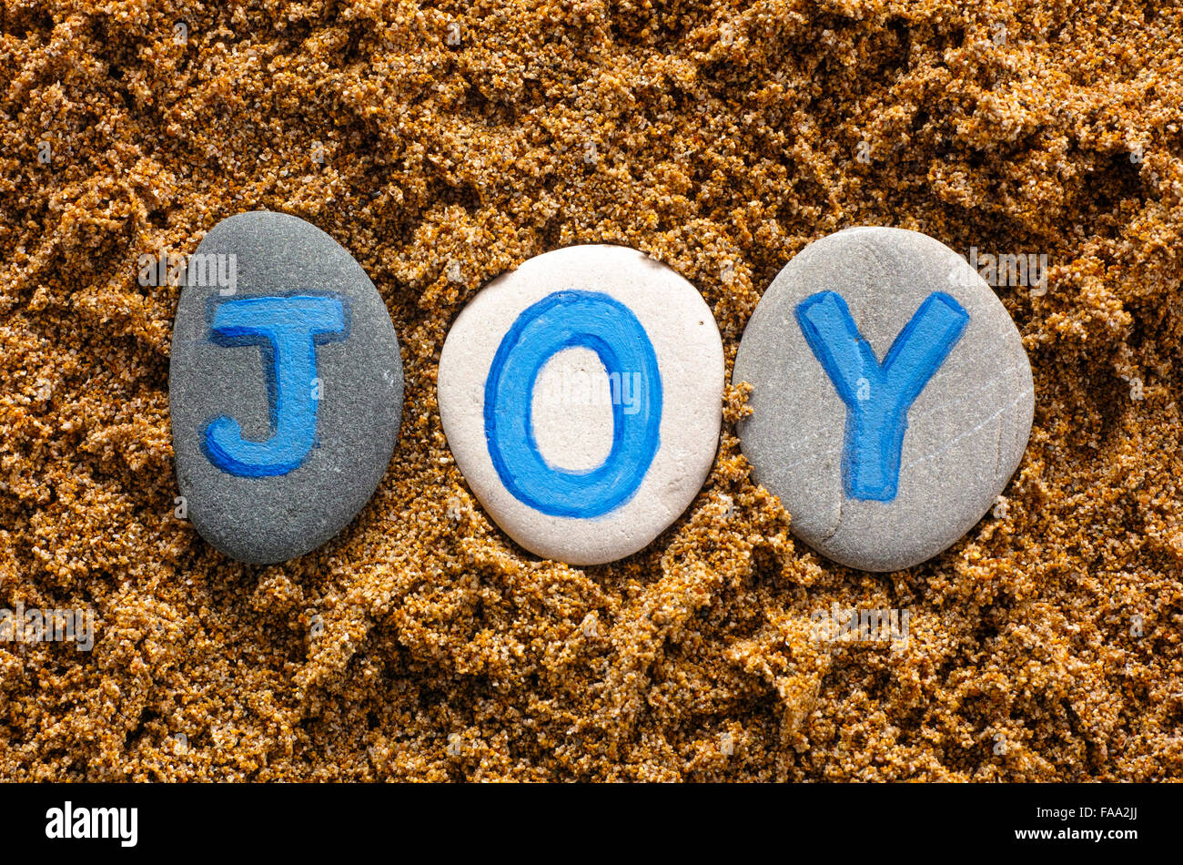 Word Joy spell out from stones with letters on sea sand. Letters drawn by me Stock Photo