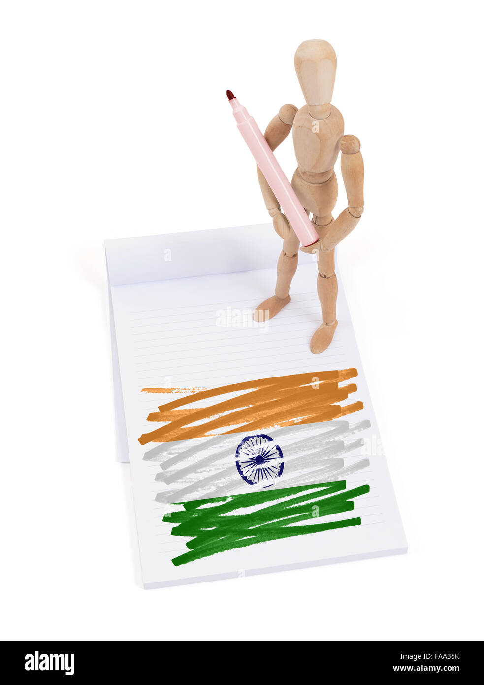 Wooden mannequin made a drawing of a flag - India Stock Photo
