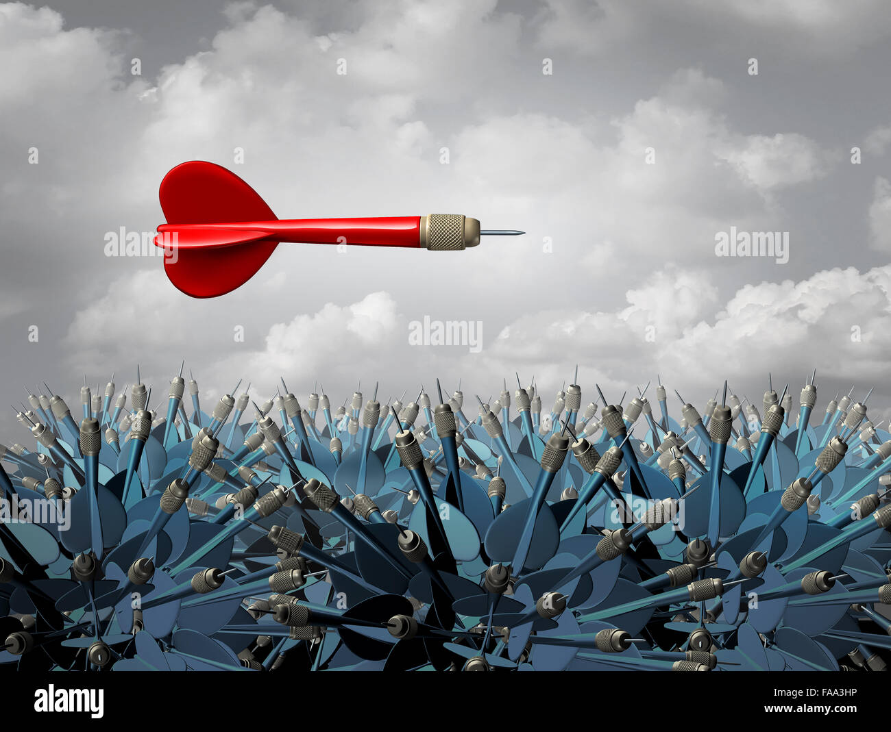 Individuality strategy symbol or independent thinker idea and new leadership concept or individual metaphor as a group of darts Stock Photo