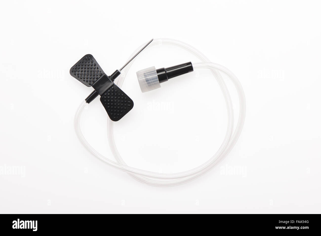 Black butterfly catheter with open needle isolated on white background