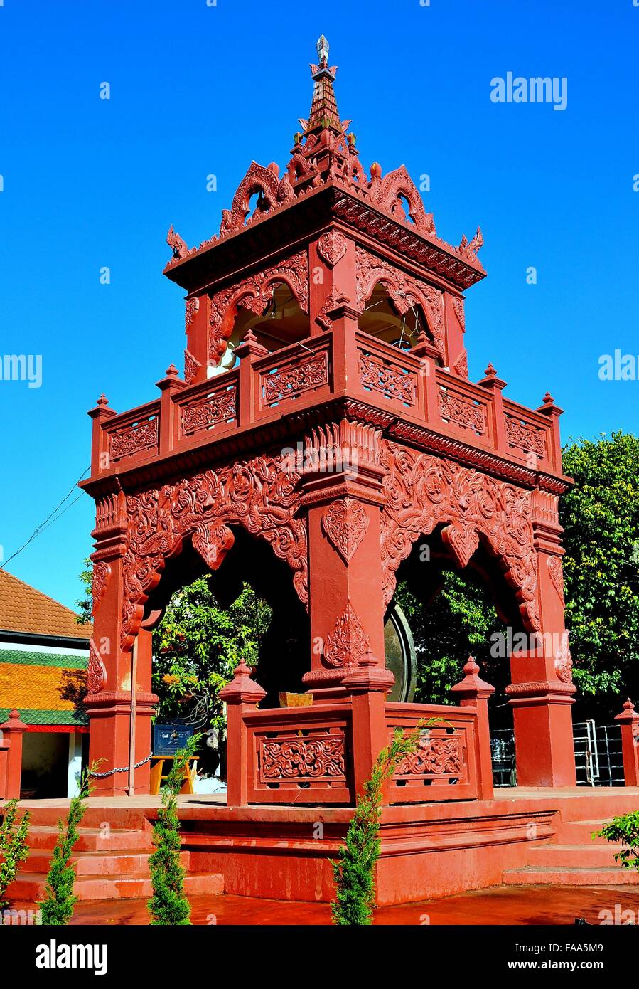 Lamphun, Thailand Decorative red drum and bell tower with circular