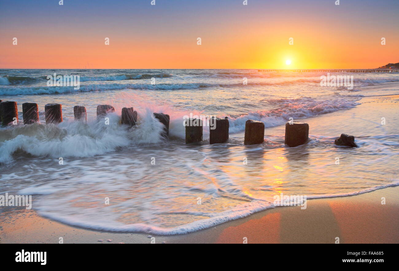 Baltic Sea at sunset, Pomerania, Poland Stock Photo