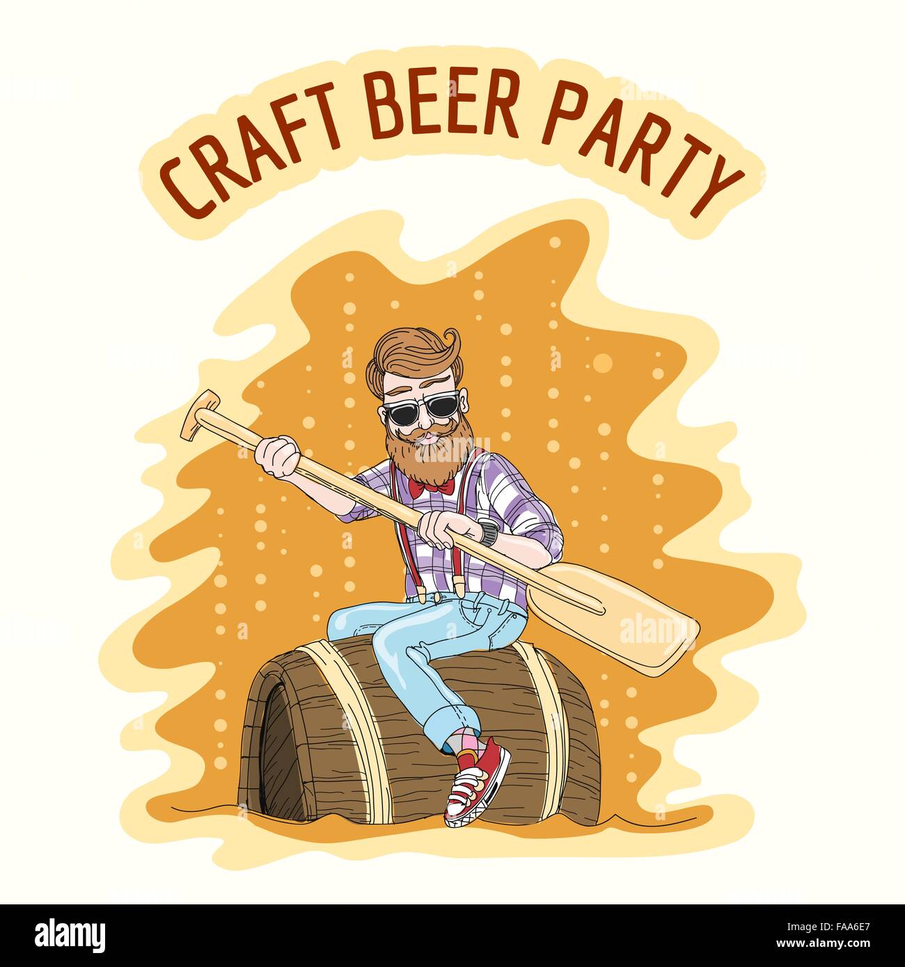 Craft Beer party Emblem. Hipster with an oar floats on a beer barrel. Free font used Stock Vector
