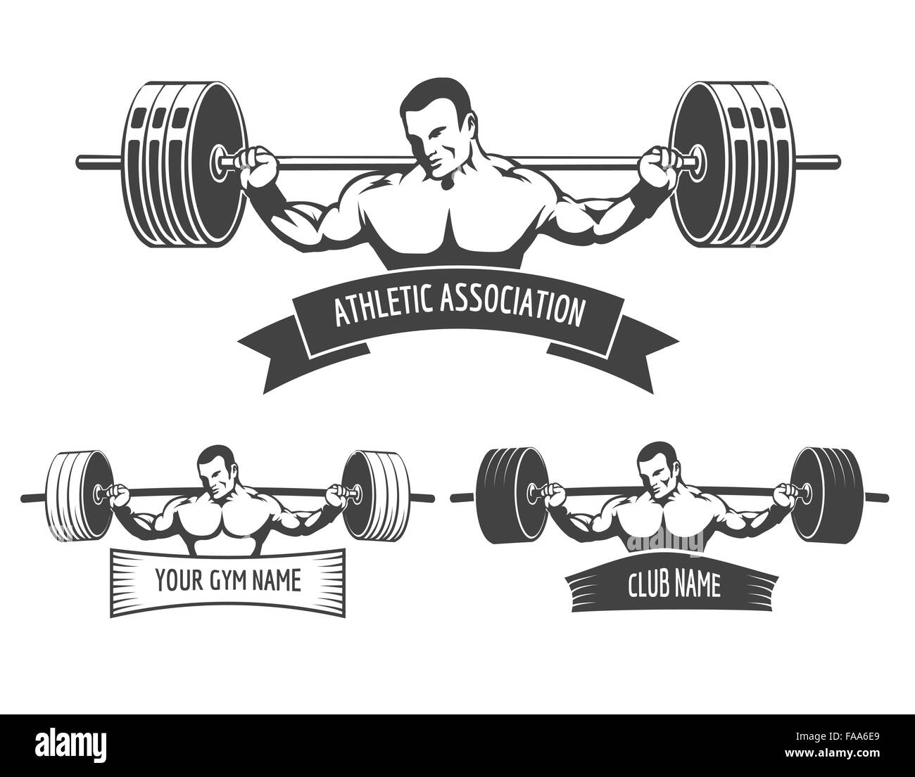 Athletic Club or Gym emblem set. Bodybuilder with barbell and banner for your text. Free font used. Stock Vector