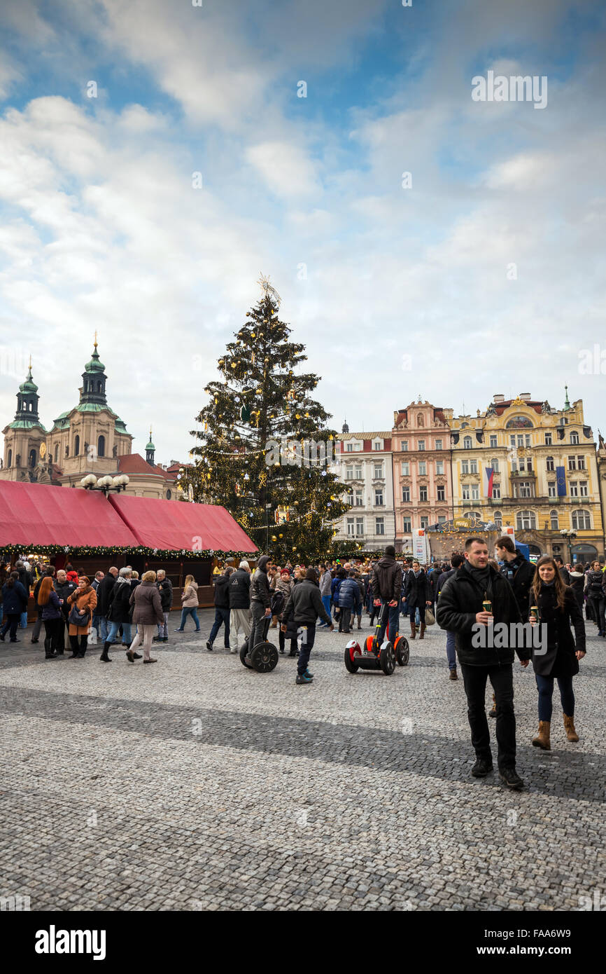 Christmas Market stalls,  Christmas markets are located on the Old Town Square, Prague, Czech republic Stock Photo