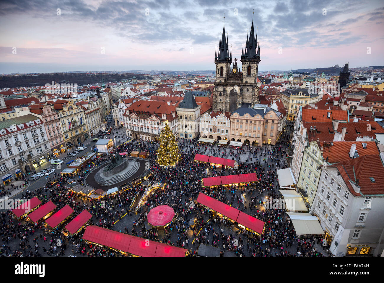 Christmas markets in Prague's Old Town Square. Panoramic view from