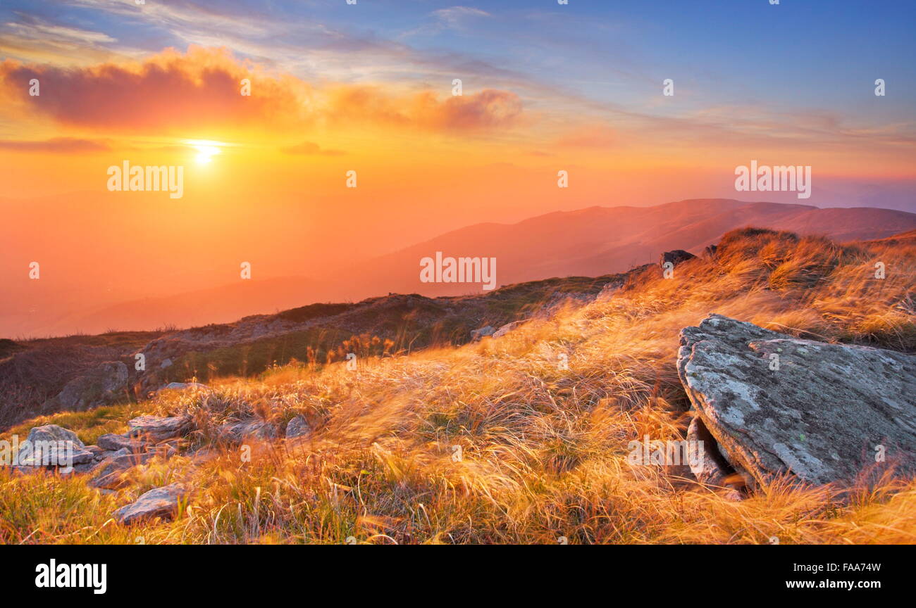 The sunset in Bieszczady Mountains, Poland Stock Photo